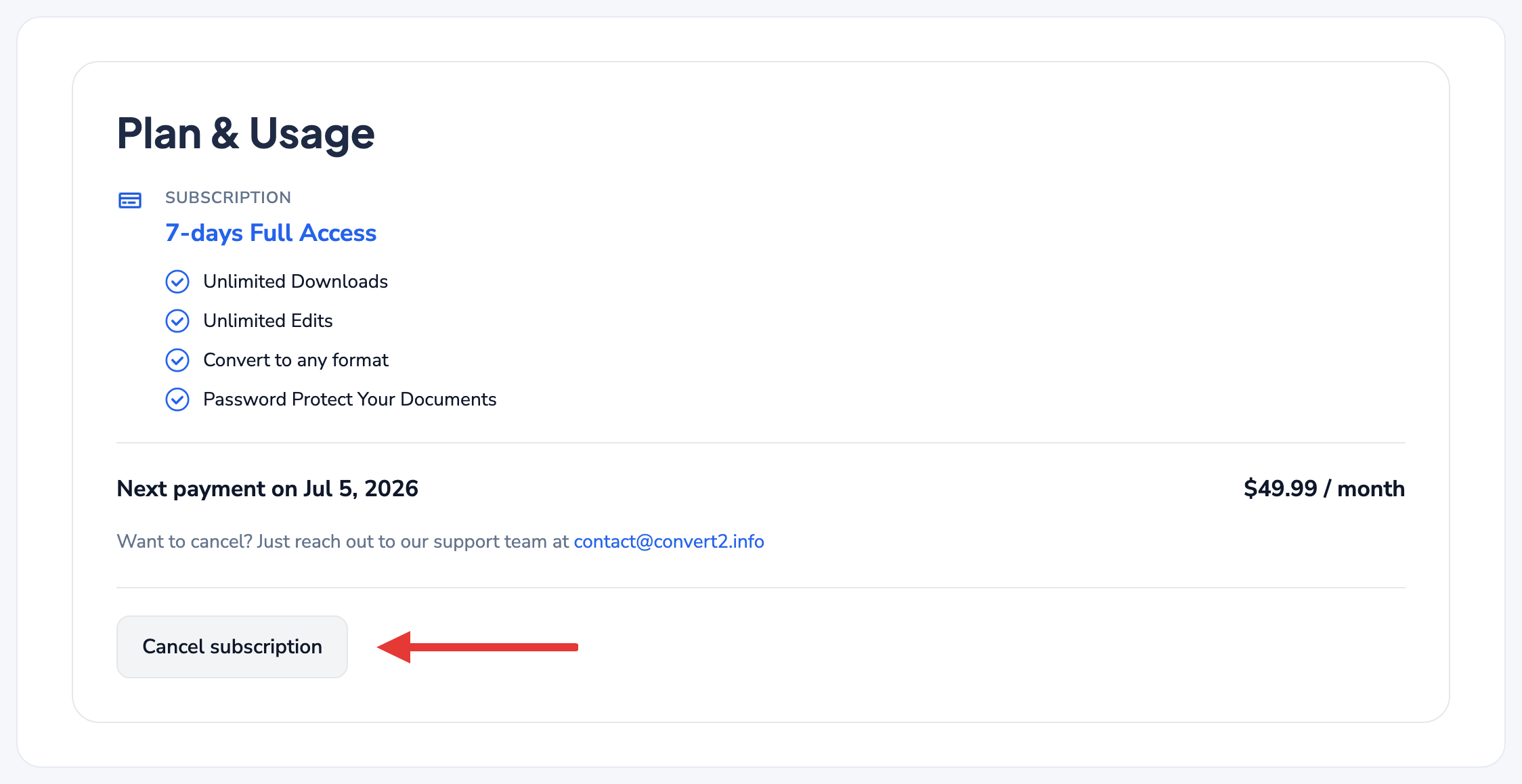 Cancel Subscription in Plan & Usage settings